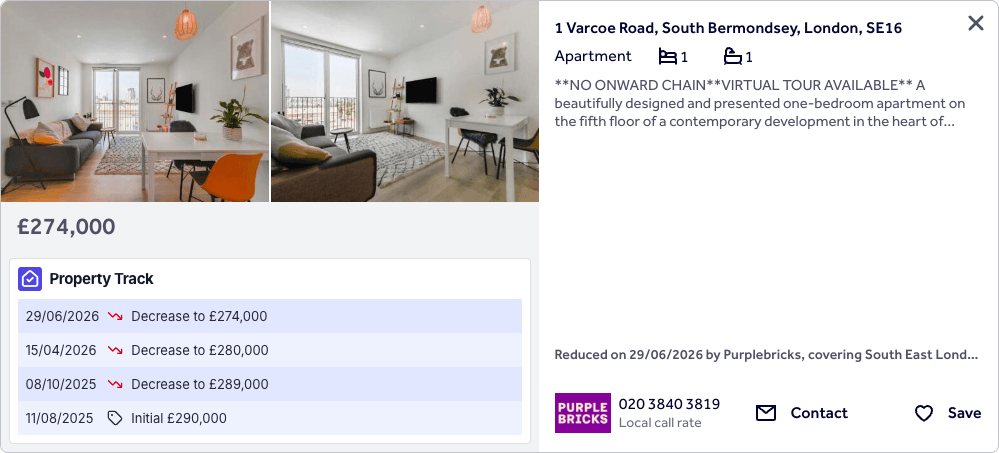 Property Track's price history under a Rightmove search result: three price cuts since the listing's initial price