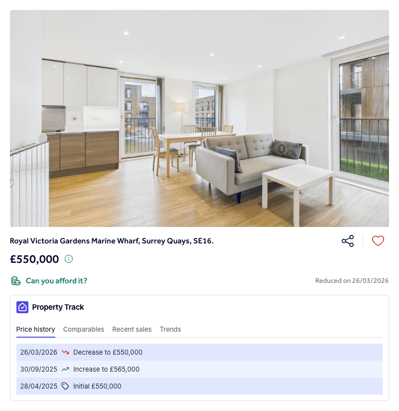 Property Track's price history on a Rightmove listing: every change to the asking price, with its date